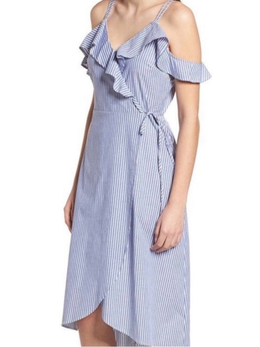 Striped Ruffle Cold-Shoulder Wrap Dress in Light Blue